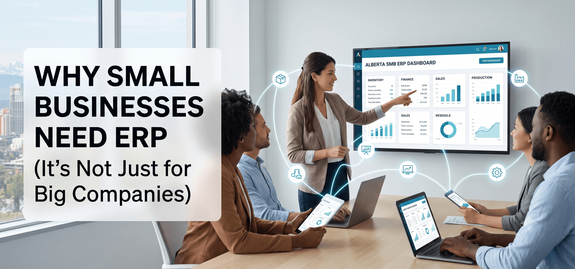 Small business team reviewing connected business systems — ERP for Alberta SMBs