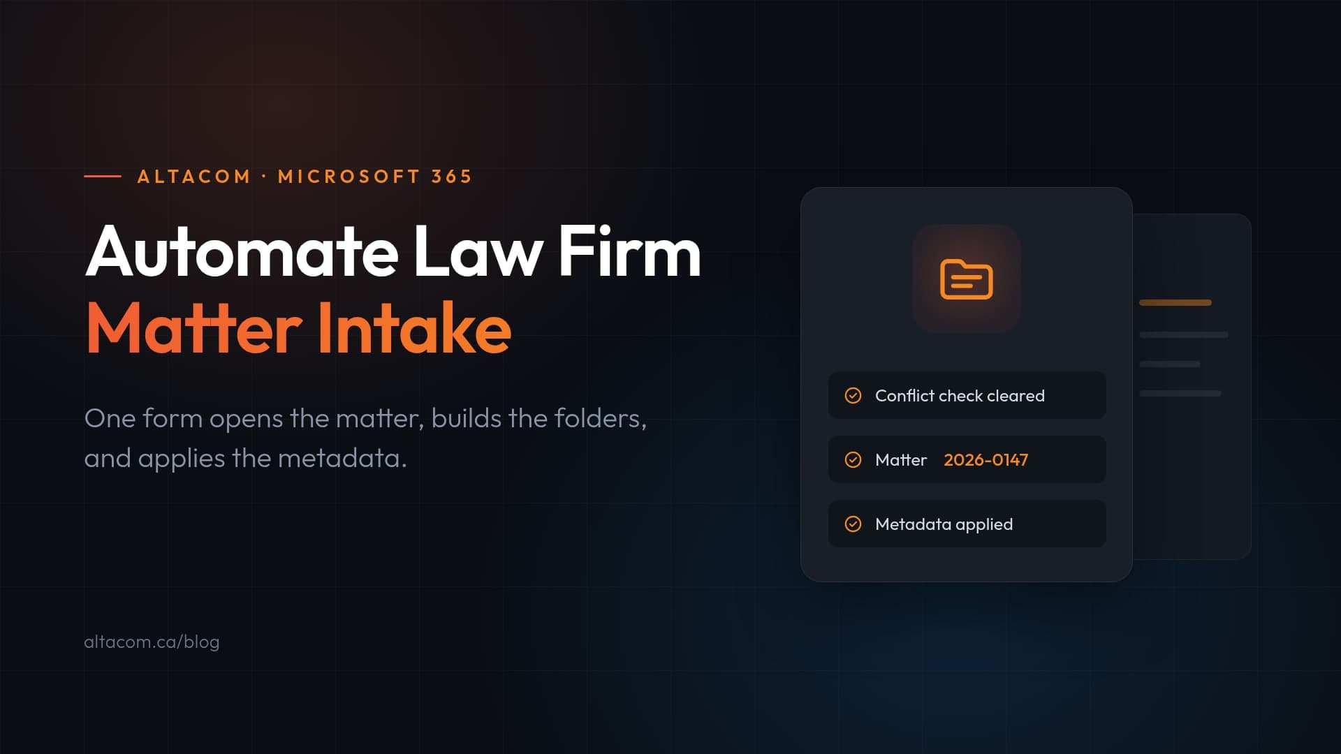 Automate law firm matter intake — a SharePoint document set card showing conflict check cleared, matter number 2026-0147, and metadata applied automatically