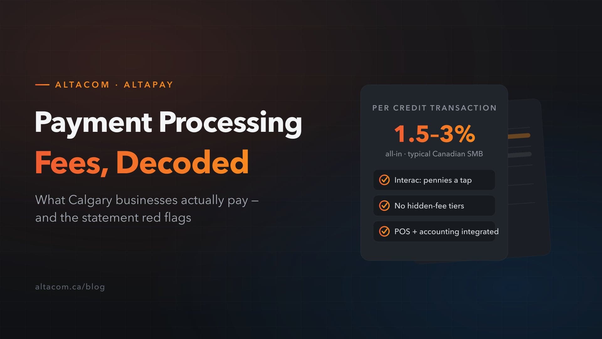 Payment processing fees decoded — 1.5% to 3% per credit transaction for a typical Canadian small business, with Interac costing pennies per tap