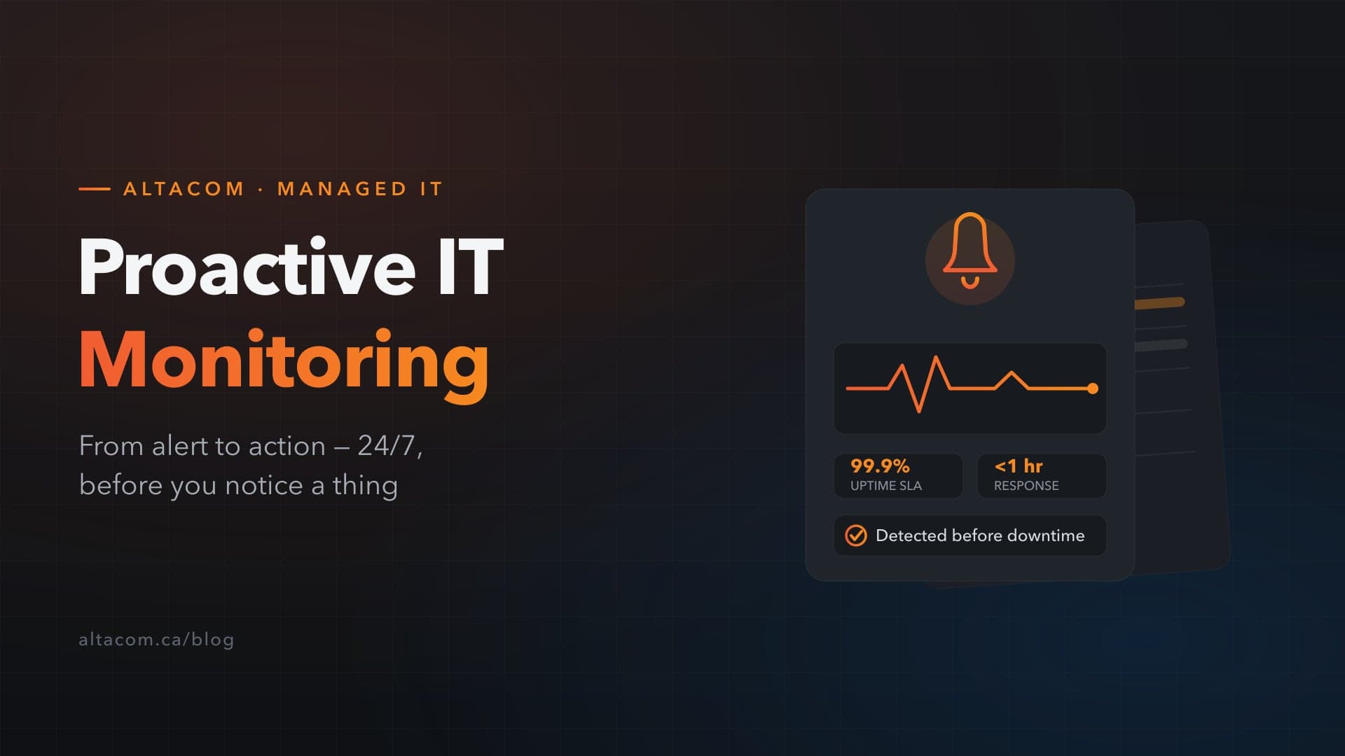 Proactive IT monitoring — alert bell above an uptime pulse line, 99.9% uptime SLA and under-one-hour response