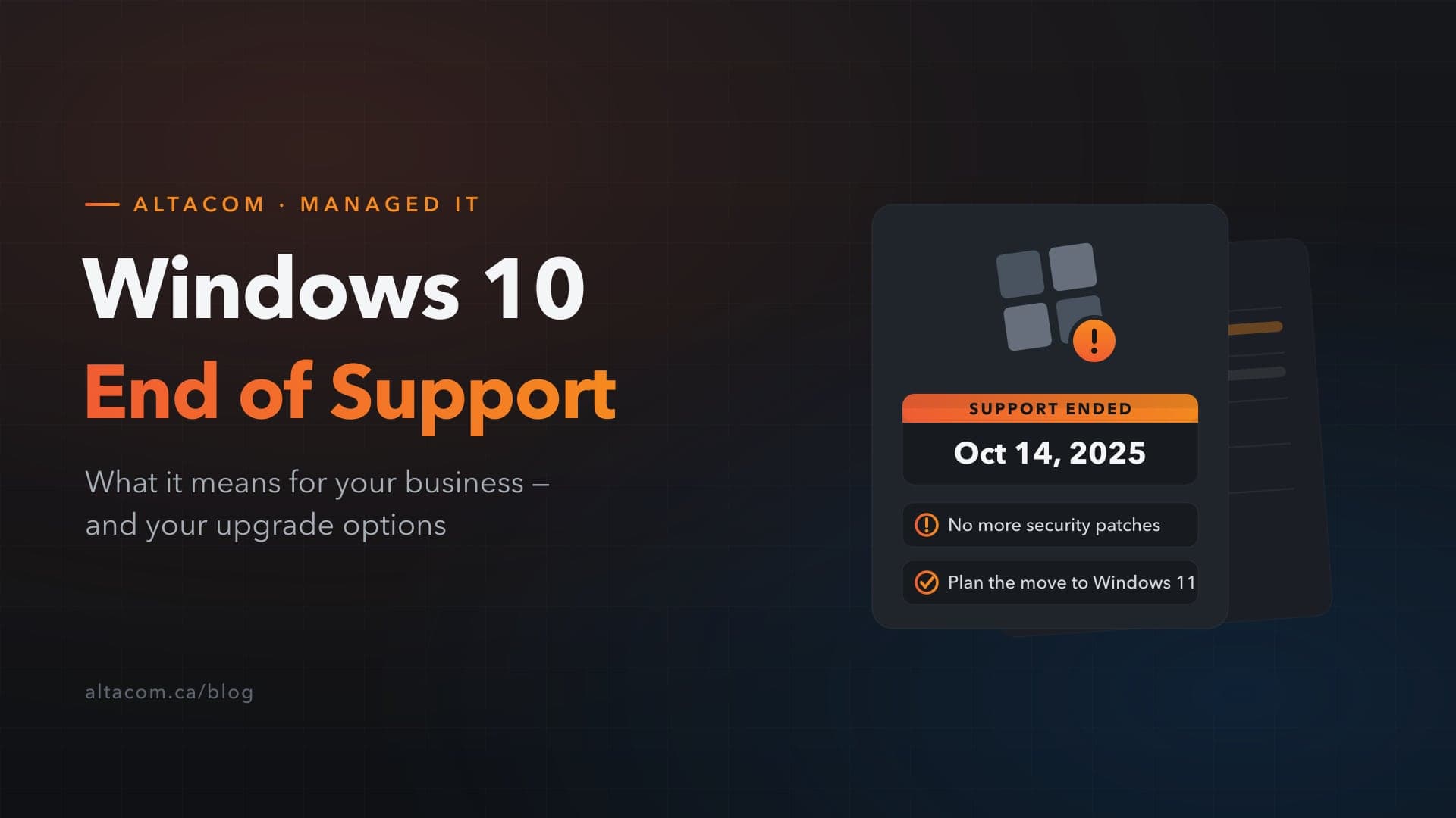 Windows 10 end of support — calendar card showing October 14, 2025, no more security patches, plan the move to Windows 11
